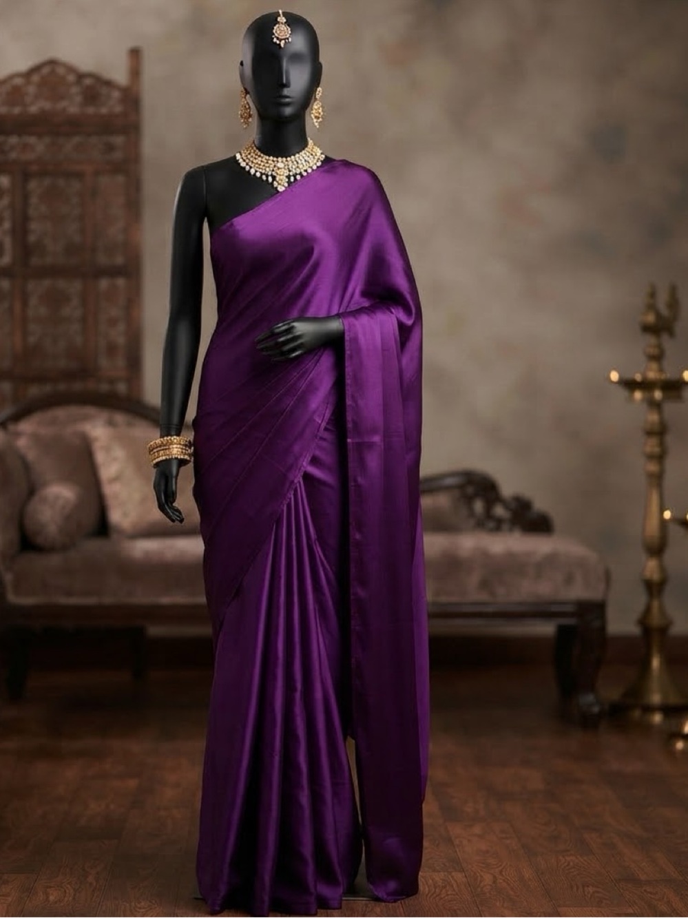 Like New  Purple Silk Indian Saree Solid Color Elegant Traditional